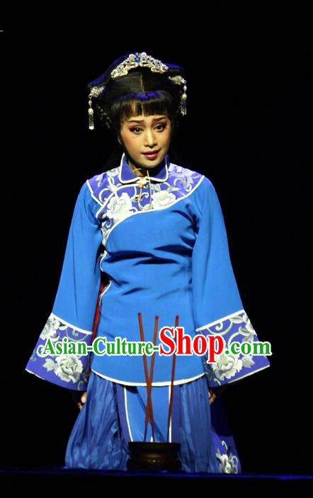 Chinese Cantonese Opera Young Female Garment The Watchtower Costumes and Headdress Traditional Guangdong Opera Hua Tan Apparels Diva Qiu Yue Blue Dress