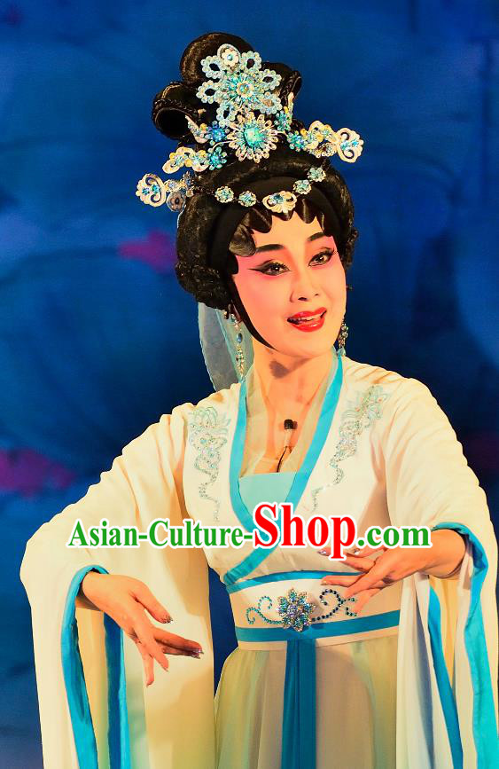 Chinese Cantonese Opera Diva Garment Costumes and Headdress Traditional Guangdong Opera Princess Miaoshan Apparels Young Female Dress