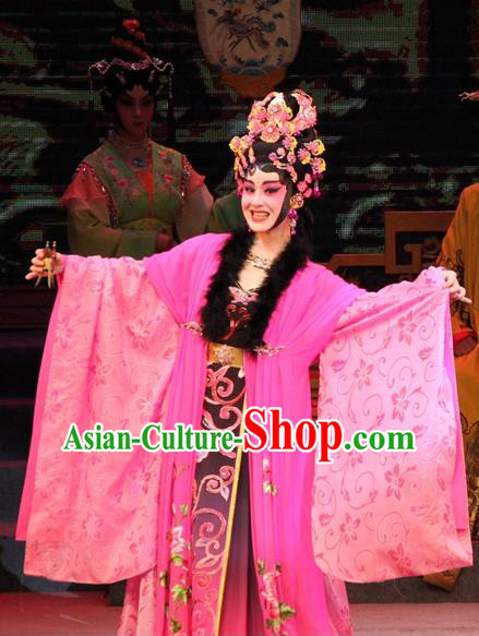 Chinese Cantonese Opera Hua Tan Garment Legend of Er Lang Costumes and Headdress Traditional Guangdong Opera Imperial Consort Da Ji Apparels Diva Rosy Dress