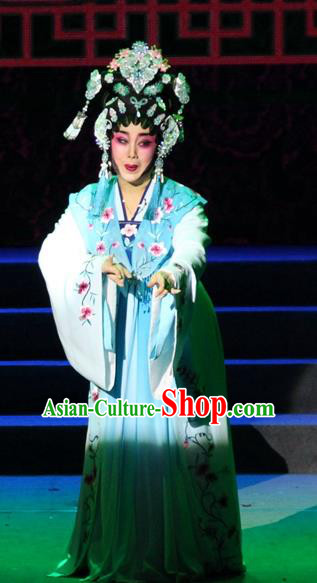 Chinese Cantonese Opera Young Female Garment Legend of Er Lang Costumes and Headdress Traditional Guangdong Opera Diva Mi Er Apparels Hua Tan Blue Dress