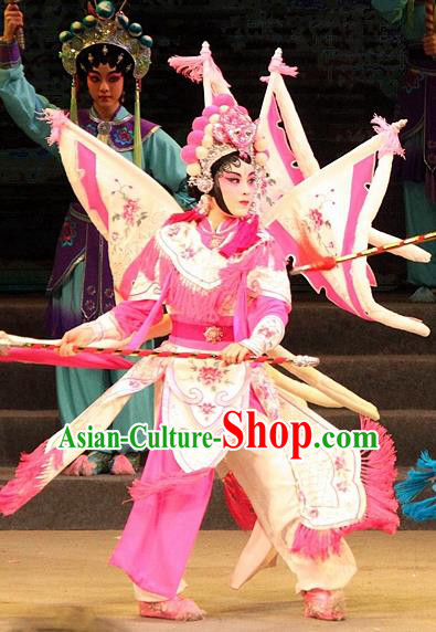 Chinese Cantonese Opera Martial Female Garment Legend of Er Lang Costumes and Headdress Traditional Guangdong Opera Mi Er Apparels Tao Ma Tan Dress with Flags