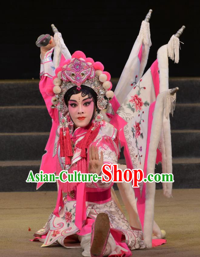 Chinese Cantonese Opera Tao Ma Tan Garment Legend of Er Lang Costumes and Headdress Traditional Guangdong Opera Mi Er Apparels Female General Dress with Flags