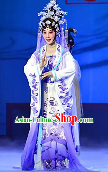 Chinese Cantonese Opera Goddess Garment Goddess Luo Costumes and Headdress Traditional Guangdong Opera Imperial Consort Apparels Hua Tan Purple Dress