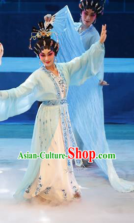 Chinese Cantonese Opera Xiaodan Garment Goddess Luo Costumes and Headdress Traditional Guangdong Opera Young Beauty Apparels Actress Blue Dress