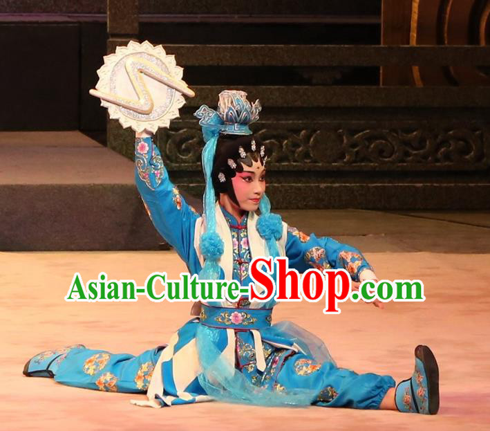 Chinese Cantonese Opera Martial Female Garment Yu Huang Deng Dian Costumes and Headdress Traditional Guangdong Opera Swordswoman Apparels Wudan Blue Dress