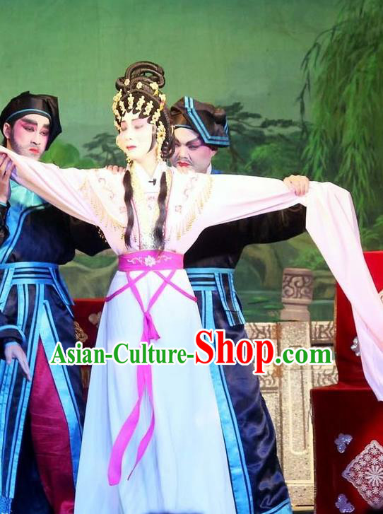 Chinese Cantonese Opera Diva Qiu Chan Garment The Mad Monk by the Sea Costumes and Headdress Traditional Guangdong Opera Actress Apparels Young Lady Dress