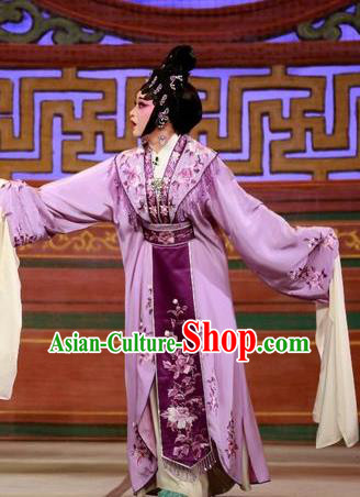 Chinese Cantonese Opera Young Woman Garment The Mad Monk by the Sea Costumes and Headdress Traditional Guangdong Opera Hua Tan Apparels Actress Ye Piaohong Purple Dress