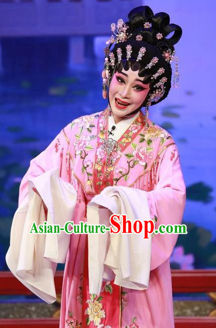 Chinese Cantonese Opera Young Female Garment The Mad Monk by the Sea Costumes and Headdress Traditional Guangdong Opera Diva Qiu Chan Apparels Hua Tan Pink Dress