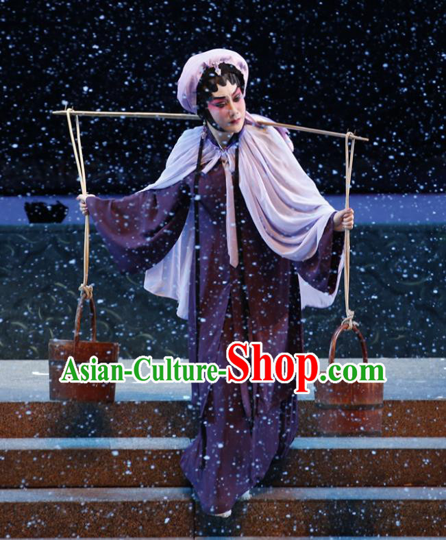 Chinese Cantonese Opera Country Woman Garment Bai Tu Ji Costumes and Headdress Traditional Guangdong Opera Distress Female Apparels Tsing Yi Dress