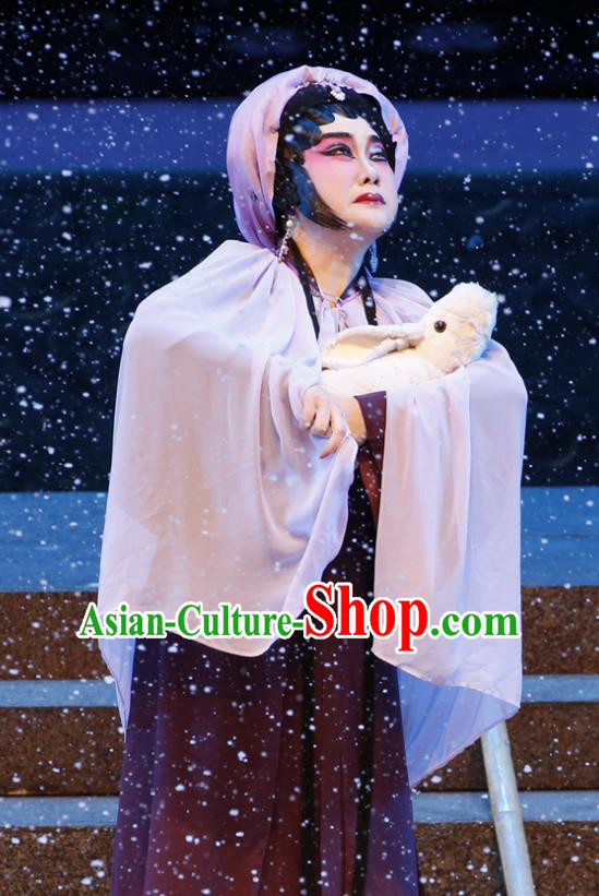 Chinese Cantonese Opera Country Woman Garment Bai Tu Ji Costumes and Headdress Traditional Guangdong Opera Distress Female Apparels Tsing Yi Dress