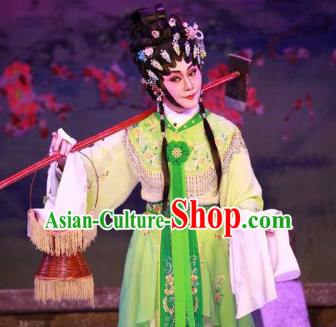 Chinese Cantonese Opera Diva Lin Daiyu Garment Costumes and Headdress Traditional Guangdong Opera Hua Tan Apparels Actress Green Dress