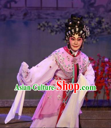 Chinese Cantonese Opera Actress Garment Costumes and Headdress Traditional Guangdong Opera Diva Lin Daiyu Apparels Distress Maiden Pink Dress