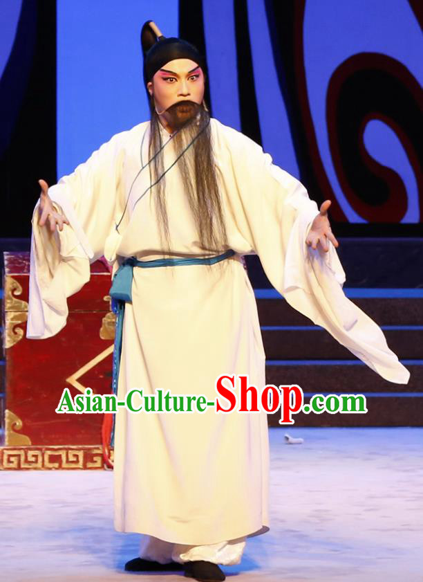 Chinese Guangdong Opera Elderly Male Apparels Costumes and Headwear Traditional Cantonese Opera Garment Scholar Fan Zhongyu Clothing