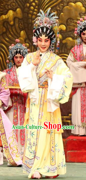 Chinese Cantonese Opera Queen Garment Princess Zhaojun Costumes and Headdress Traditional Guangdong Opera Hua Tan Apparels Young Beauty Yellow Dress