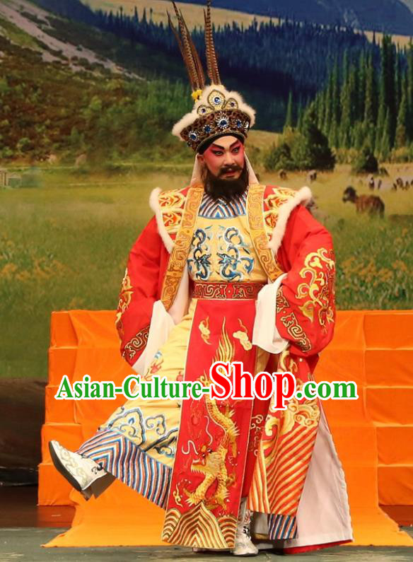 Princess Zhaojun Chinese Guangdong Opera Monarch Apparels Costumes and Headwear Traditional Cantonese Opera Xiongnu King Garment Lord Clothing