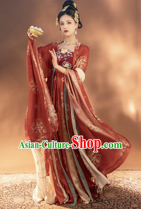 Chinese Traditional Tang Dynasty Court Woman Historical Costumes Ancient Imperial Consort Red Hanfu Dress Apparels Complete Set