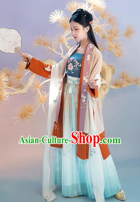 Chinese Traditional Embroidered Apparels Ancient Song Dynasty Young Lady Hanfu Dress Historical Costumes Complete Set