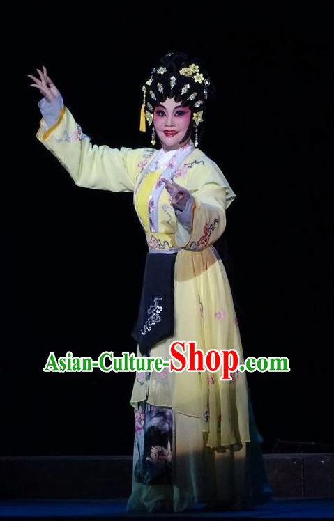 Chinese Cantonese Opera Young Beauty Garment Zi Yun Costumes and Headdress Traditional Guangdong Opera Village Girl Apparels Actress Yellow Dress