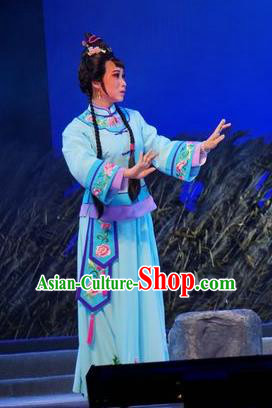 Chinese Cantonese Opera Village Girl Garment Zhuang Yuan Lin Zhaotang Costumes and Headdress Traditional Guangdong Opera Xiaodan Apparels Young Lady Blue Dress