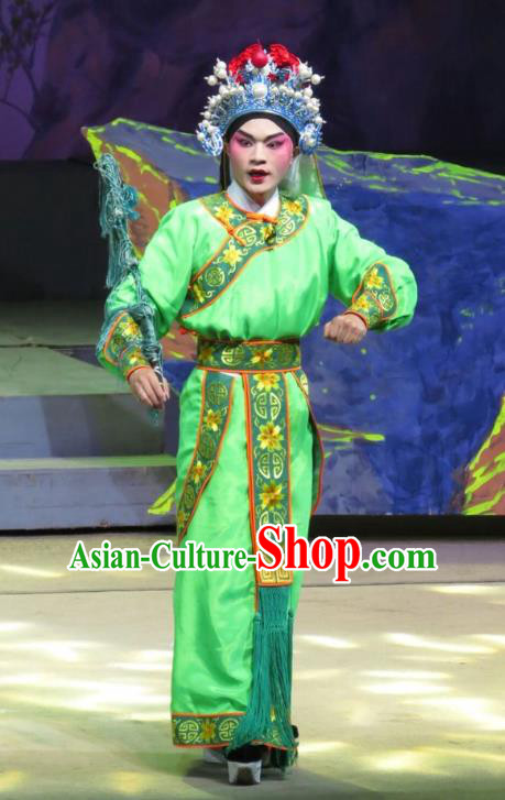 The Strange Stories Chinese Guangdong Opera Wusheng Apparels Costumes and Headwear Traditional Cantonese Opera Martial Male Garment Pang Biao Green Clothing