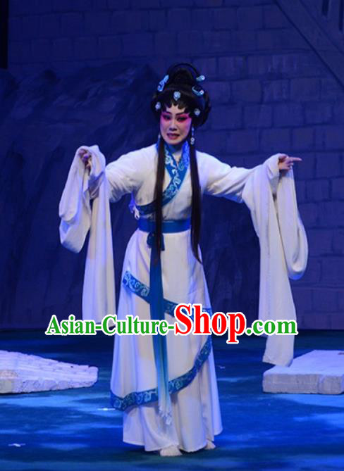 Chinese Cantonese Opera Young Female Garment King of Qin Meng Jiang Costumes and Headdress Traditional Guangdong Opera Actress Apparels Diva White Dress