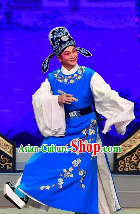 Chinese Guangdong Opera Scholar Apparels Costumes and Headwear Traditional Cantonese Opera Childe Xu Cheng Garment Xiaosheng Blue Clothing