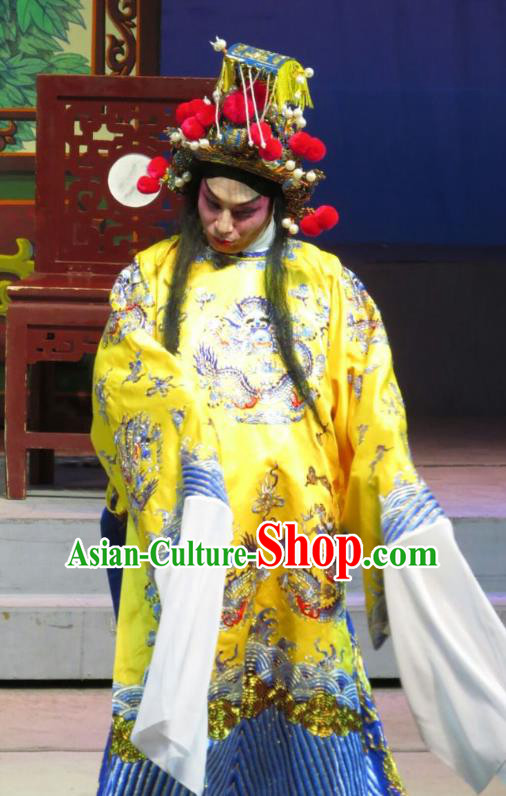 The Strange Stories Chinese Guangdong Opera Stupid Male Apparels Costumes and Headwear Traditional Cantonese Opera Xiaosheng Garment Wang Yuanfeng Clothing