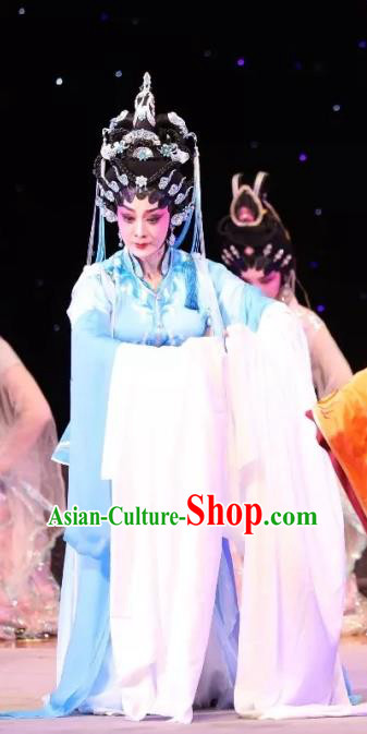 Chinese Cantonese Opera Goddess Zhi Nv Garment Milky Way Lovers Costumes and Headdress Traditional Guangdong Opera Actress Apparels Young Female Blue Dress