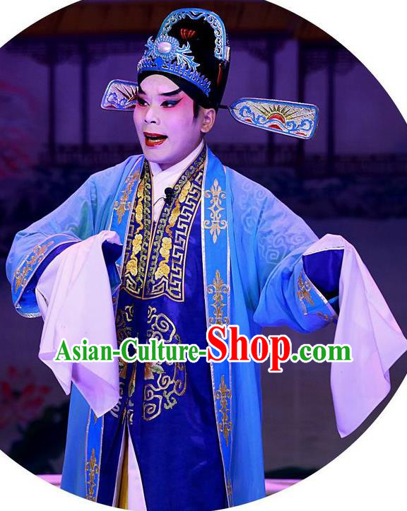 Escape from Banishment Chinese Guangdong Opera Childe Li Weile Apparels Costumes and Headwear Traditional Cantonese Opera Xiaosheng Garment Scholar Blue Clothing