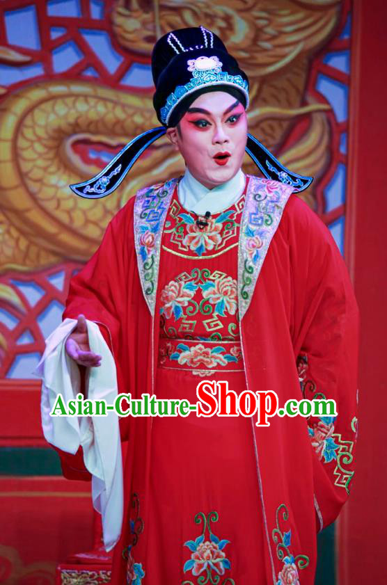 San Xiao Yin Yuan Chinese Guangdong Opera Bridegroom Apparels Costumes and Headwear Traditional Cantonese Opera Scholar Tang Bohu Garment Wedding Clothing