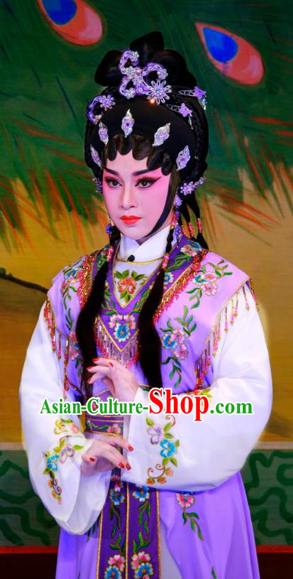 Chinese Cantonese Opera Servant Girl Garment San Xiao Yin Yuan Costumes and Headdress Traditional Guangdong Opera Hua Tan Apparels Diva Qiu Xiang Purple Dress