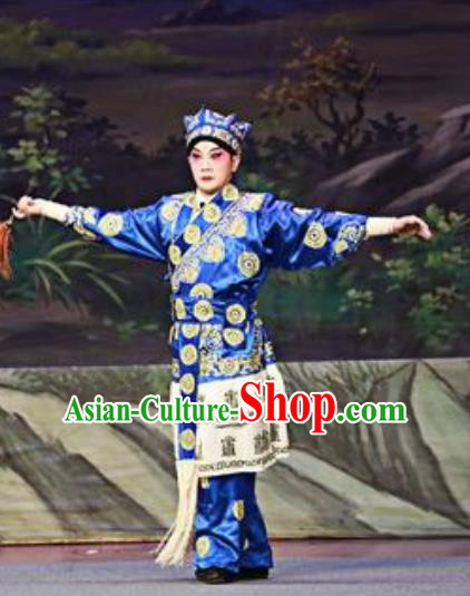 Chinese Guangdong Opera Wusheng Apparels Costumes and Headwear Traditional Cantonese Opera Martial Male Garment Blue Clothing