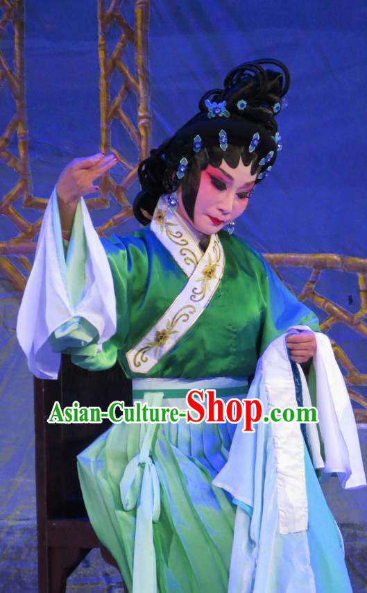 Chinese Cantonese Opera Country Woman Garment Wu Nv Bai Shou Costumes and Headdress Traditional Guangdong Opera Young Mistress Apparels Yang Sanchun Green Dress