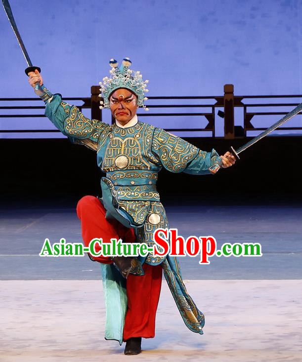 Liu Jinding Chinese Guangdong Opera Martial Male Apparels Costumes and Headwear Traditional Cantonese Opera Wusheng Garment Warrior Blue Clothing