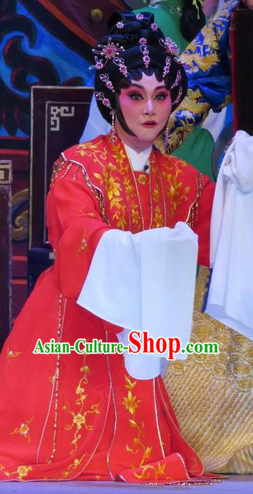 Chinese Cantonese Opera Young Female Garment Costumes and Headdress Traditional Guangdong Opera Diva Wang Meiniang Apparels Hua Tan Red Dress