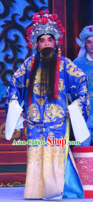 Chinese Guangdong Opera Laosheng Apparels Costumes and Headwear Traditional Cantonese Opera Elderly Male Garment Prefecture Blue Clothing