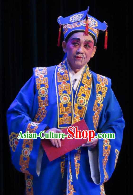Chinese Guangdong Opera Rich Male Apparels Costumes and Headwear Traditional Cantonese Opera Clown Garment Bully Blue Clothing