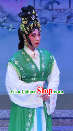 Chinese Cantonese Opera Elderly Female Garment Costumes and Headdress Traditional Guangdong Opera Dame Apparels Green Dress