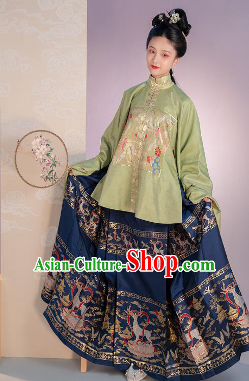 Chinese Traditional Ming Dynasty Noble Lady Apparels Ancient Patrician Female Hanfu Dress Historical Costumes Embroidered Blouse and Skirt Complete Set