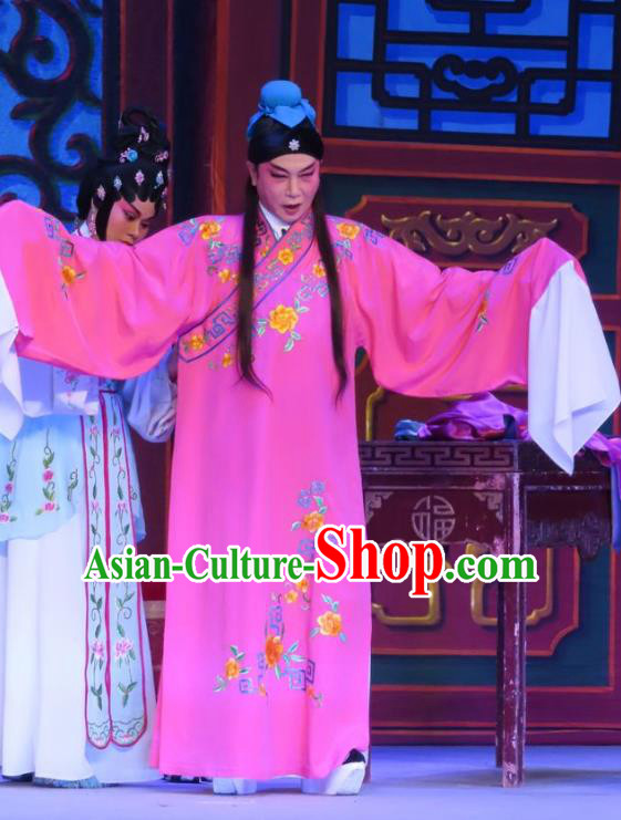 Chinese Guangdong Opera Peddler Apparels Costumes and Headwear Traditional Cantonese Opera Xiaosheng Garment Young Male Zhu Zhong Rosy Robe Clothing