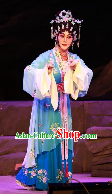 Chinese Cantonese Opera Actress Garment the Legend of Gold Rice Costumes and Headdress Traditional Guangdong Opera Hua Tan Apparels Diva Shi Hua Blue Dress