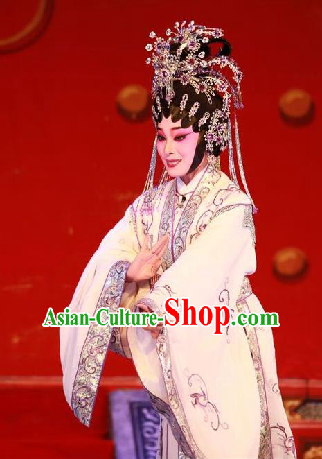 Chinese Cantonese Opera Hua Tan Garment Wu Suo Dong Gong Costumes and Headdress Traditional Guangdong Opera Young Female Apparels Actress Wei Peiniang Dress