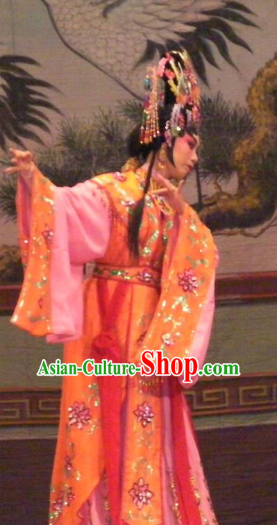 Chinese Cantonese Opera Young Woman Garment Wu Suo Dong Gong Costumes and Headdress Traditional Guangdong Opera Princess Consort Apparels Actress Dress