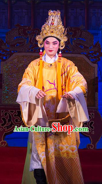 Wu Suo Dong Gong Chinese Guangdong Opera Xiaosheng Wen Xi Apparels Costumes and Headwear Traditional Cantonese Opera Young Male Garment Emperor Clothing