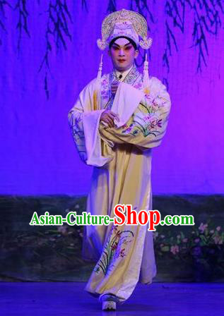 Feng Guan Meng Chinese Guangdong Opera Scholar Apparels Costumes and Headwear Traditional Cantonese Opera Xiaosheng Garment Gifted Youth Shen Shaoqing Clothing