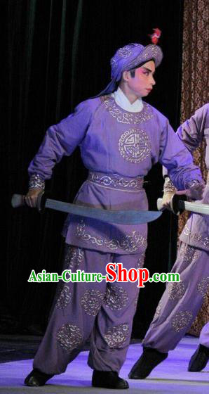 The Sword Chinese Guangdong Opera Wusheng Apparels Costumes and Headwear Traditional Cantonese Opera Soldier Garment Warrior Purple Clothing