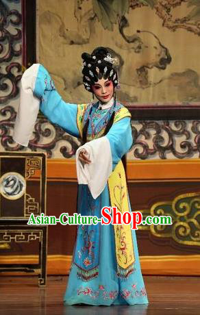 Chinese Cantonese Opera Young Beauty Garment Feng Guan Meng Costumes and Headdress Traditional Guangdong Opera Diva Li Chunniang Apparels Actress Blue Dress