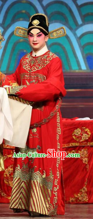 Feng Guan Meng Chinese Guangdong Opera Young Male Apparels Costumes and Headwear Traditional Cantonese Opera Xiaosheng Garment Bridegroom Shen Shaoqing Clothing