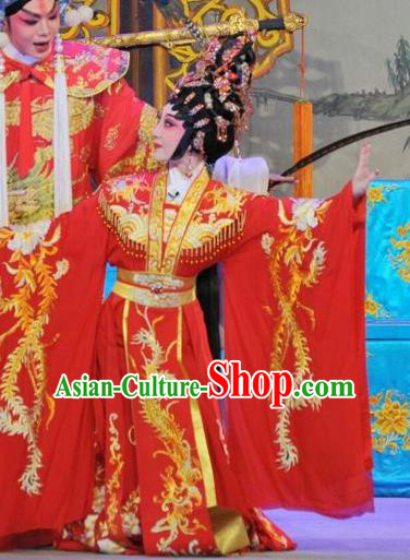 Chinese Cantonese Opera Hua Tan Garment The Sword Costumes and Headdress Traditional Guangdong Opera Young Beauty Apparels Princess Wang Lanying Red Dress