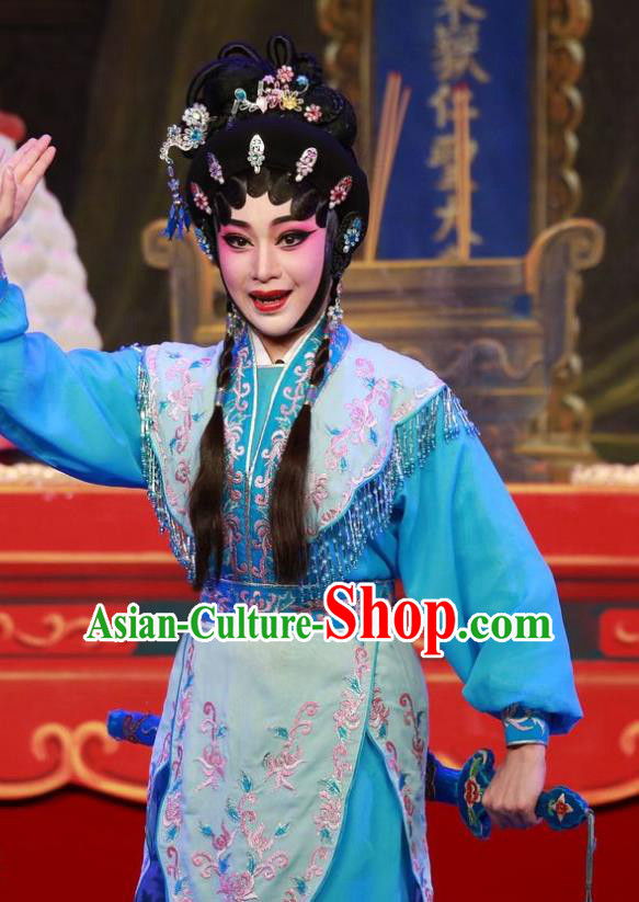 Chinese Cantonese Opera Martial Female Garment San Kan Yu Mei Costumes and Headdress Traditional Guangdong Opera Swordswoman Apparels Wudan Liu Jinding Dress